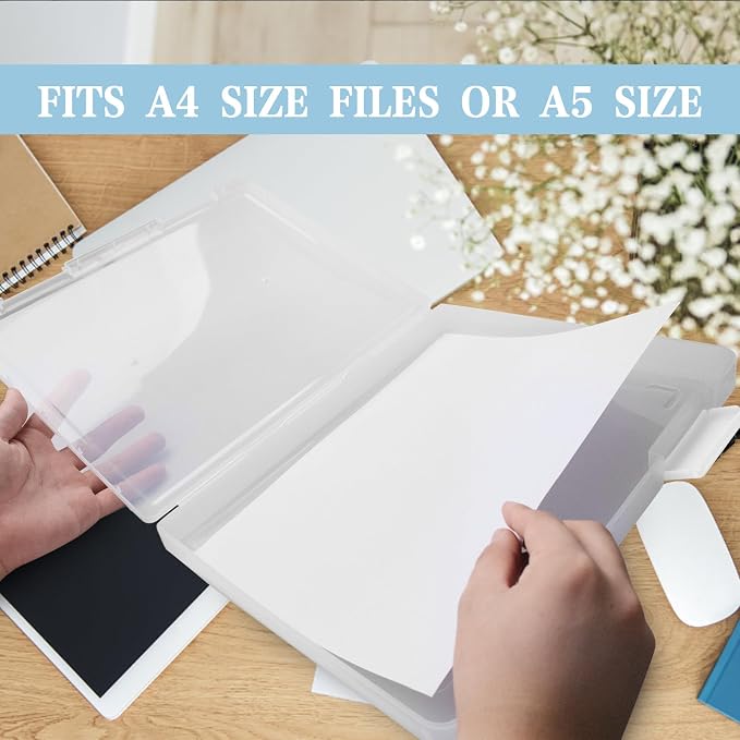 12 Pcs Clear A4 A5 File Box Document Plastic Storage Box with 48 Labels File Holder Organizer Box Paper Plastic Case Magazine Protector with Buckle Office School Supplies(White)