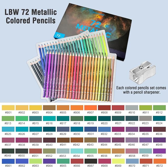 LBW 72 Metallic Colored Pencils for Adult Coloring, Soft Core Coloring Pencils with Vibrant Color, Ideal for Artists Drawing Blending Sketching