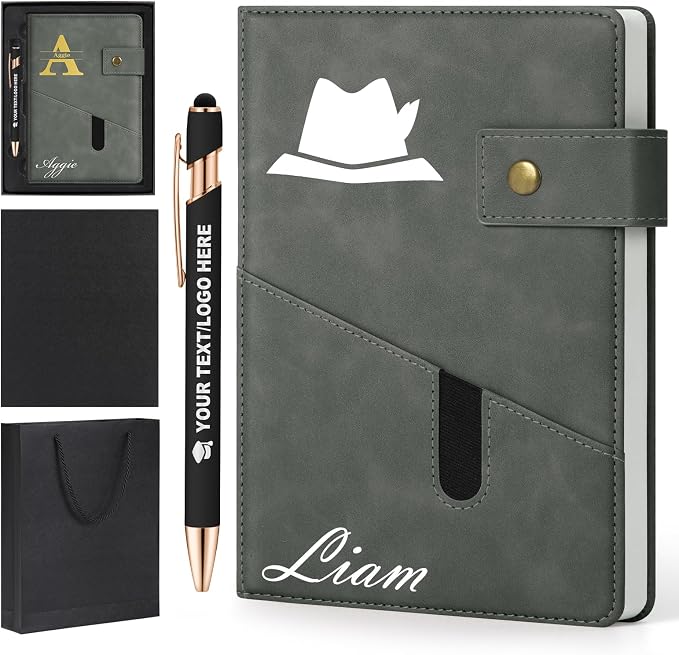 ENOMY A5 Personalized Notebook Journal with Pen & Gift Set Custom Hardcover Notebook 200 Pages Thick Daily Diary for Men Women Lined Journal for Work College Travel Writing, Grey