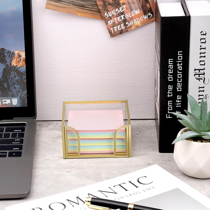 Glass Sticky Note Holder, Gold Post It Note Dispenser for Desk,3 x 3 Inch Post It Note Holder,Stylish Sticky Note Dispenser for Home Office Desk