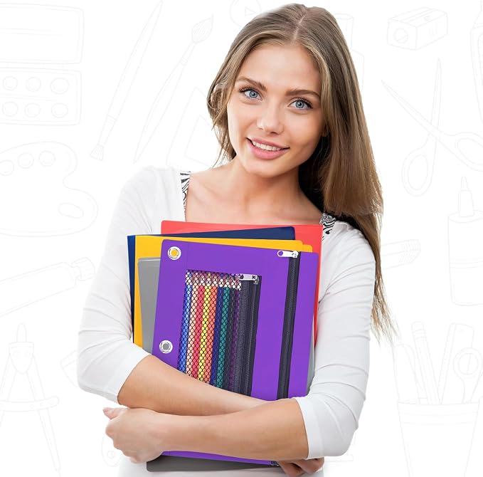 Pencil Pouch for 3 Ring Binder - 3 Hole Zipper Pen Case Bag Holder Bulk Accessories Clear Window Aesthetic Organizer Pockets