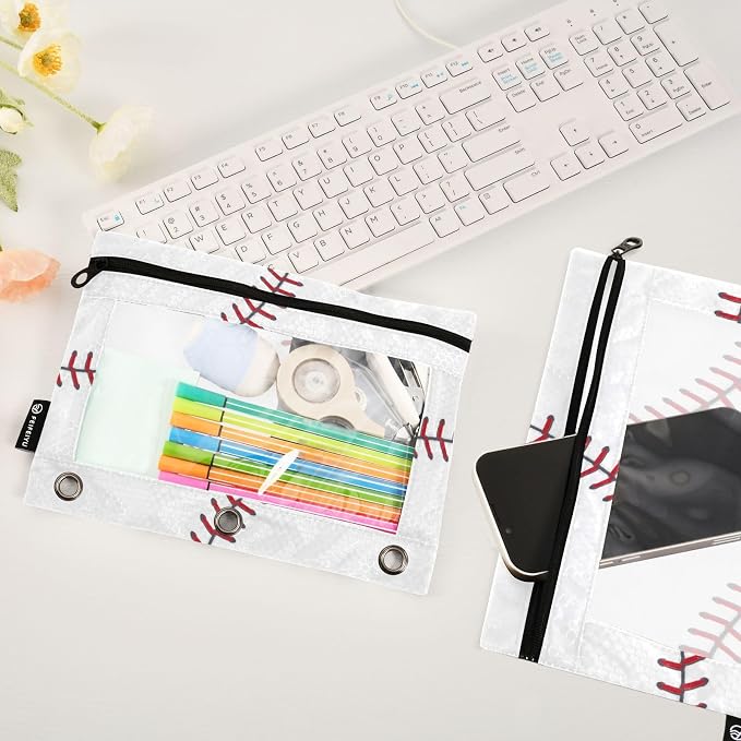 Baseball Pencil Pouches for 3 Ring Binder 2 Pack | Binder Pencil Case With Zipper Reinforced GrommetsPencil Bags for Office Organizers