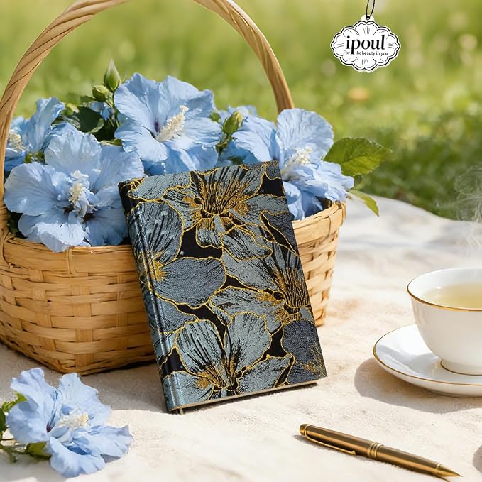 ipoul Floral Notebook, A5, 8x6, Wide Rule, Lined Paper, Journal for Women, Hard Cover, Lay Flat, Pretty, Writing Journal, Navy Blue, Hibiscus, Gift for Mother, Grandma