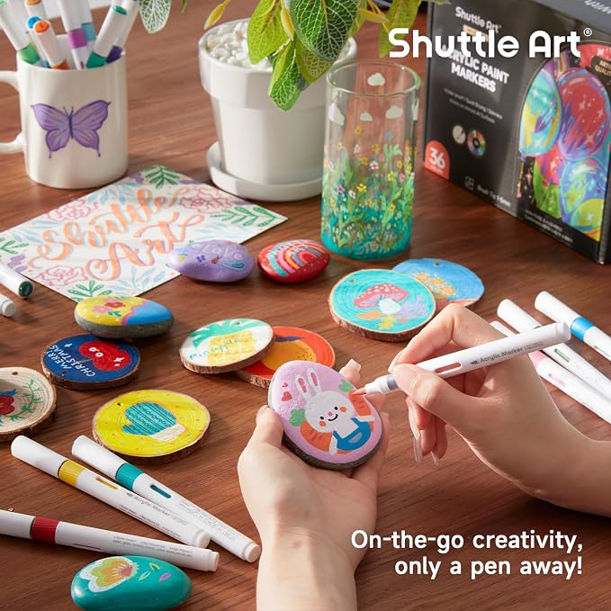 Shuttle Art Automatic Ink Control Acrylic Paint Markers, 36 Colors Brush Tip Acrylic Paint Pens for Rock Painting, Ceramic, Wood, Canvas, Glass, Stone, Fabric, Card, DIY Football Crafts