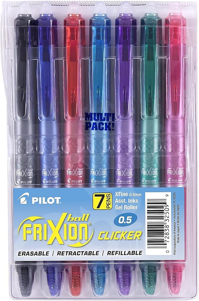 Pilot FriXion Clicker Erasable, Refillable & Retractable Gel Ink Pens Extra Fine Point 0.5mm, Erasable Pens, Multicolor Inks, 7-Pack