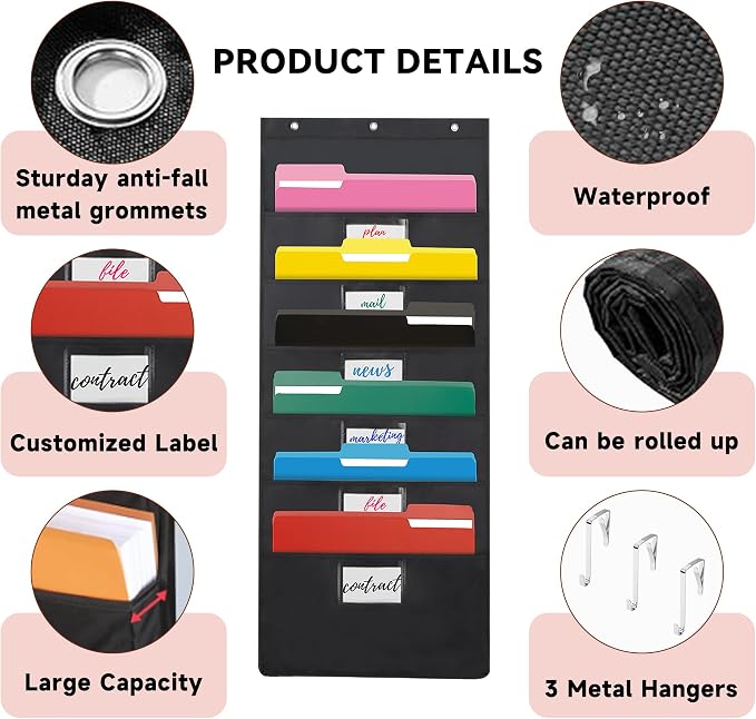 Black Hanging Wall File Organizer with 6 Pockets,2 Packs Wall Hanging File Folder Organizer,Over the Door Storage Pocket Chart with 3 Metal Hangers, Space Saver for Office and Classroom