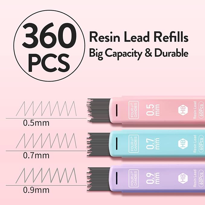 Four Candies Cute Pastel Mechanical Pencil Set, 6-Pack, 3 Sizes Included | 0.5/0.7/0.9mm, 360 HB Leads, 3 Erasers, 9 Eraser Refills, Storage Case, Aesthetic School Supplies for Girls Writing & Drawing
