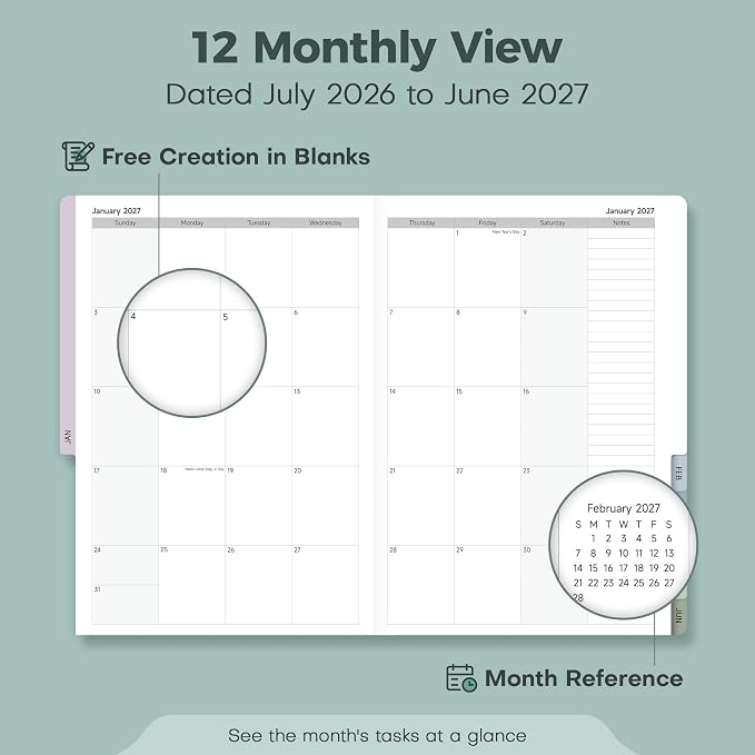 Planner 2026-2027 Monthly and Weekly Academic Planner July 2026 - June 2027, Linen Hardcover Agenda 2026-2027 Calendar Daily Planner for Student Teacher with Monthly Tabs, 6" x 8.3", Dark Green