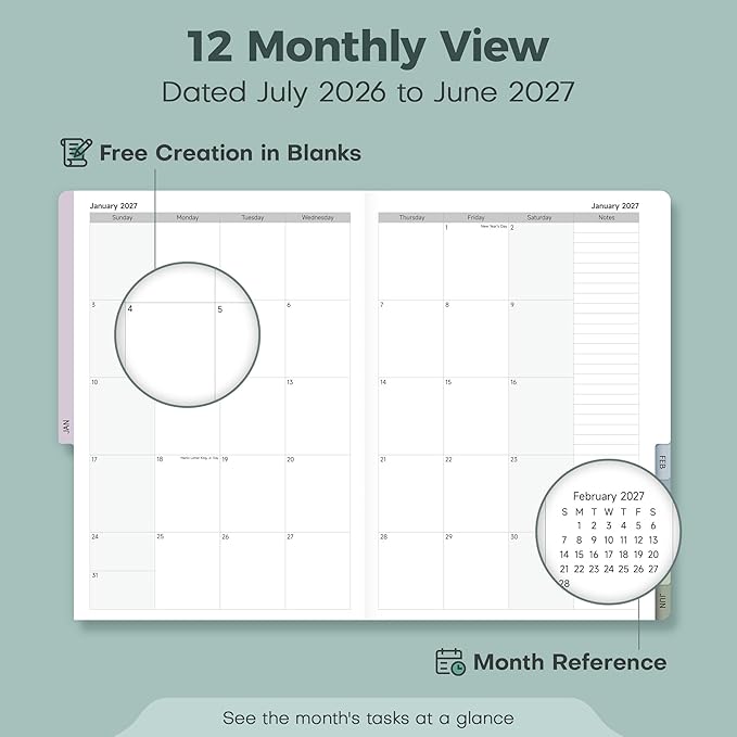 Planner 2026-2027 Monthly and Weekly Academic Planner July 2026 - June 2027, Linen Hardcover Agenda 2026-2027 Calendar Daily Planner for Student Teacher with Monthly Tabs, 7.3" x 10", Cream Green