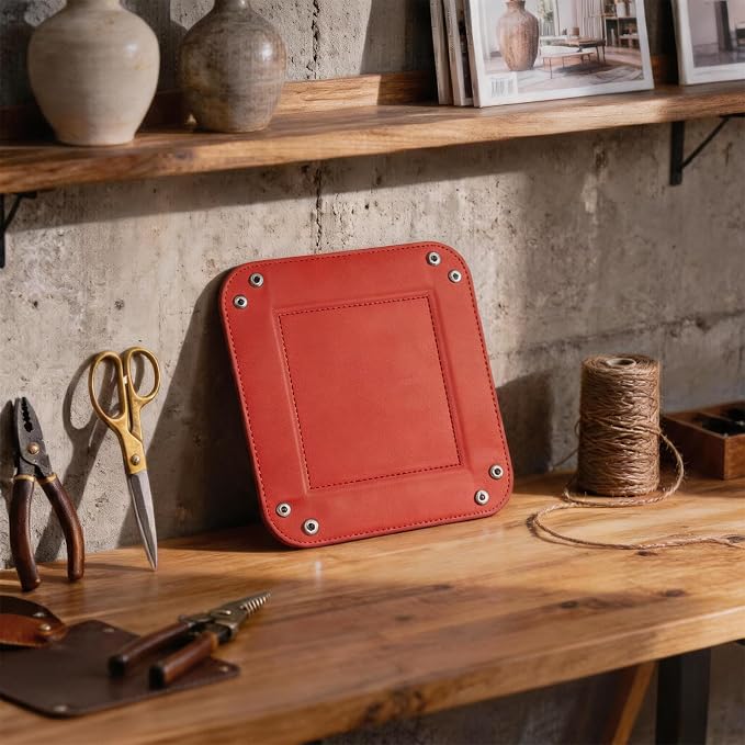 Valet Tray Desktop Storage Organizer – Vegan Leather Catchall Tray Bedside Vanity Tray Nightstand Caddy Holder for Remote Controller, Watch, Keys, Phone, Wallet, Coin, Jewelry, Red
