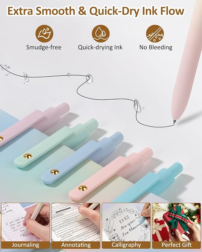 FIOVER Gel Pens, 12 Pcs 0.7mm Comfort Grip Quick Dry Black Ink Pens Fine Point Smooth Writing Pens, Cute Office Supplies Gifts for Women (12PCS Gradient Black Ink)