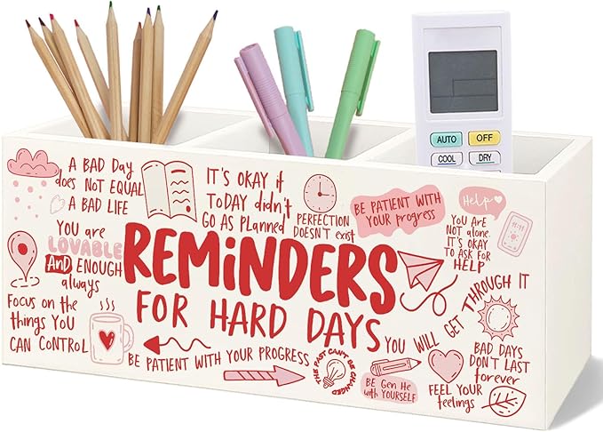 Bookmark Holder Decor Wooden Pen Pencil Holder for Desk, Reminders for Hard Days Wood Makeup Holder Organizer for Room Library