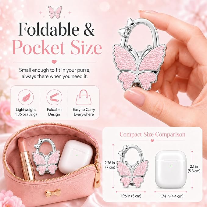 Purse Hook for Table, Foldable Handbag Hanger Holder for Women | Portable Bag Holder with Non-Slip Base, Cute Lychee Pink Butterfly Purse Table Hook for Restaurant Office Travel Gift