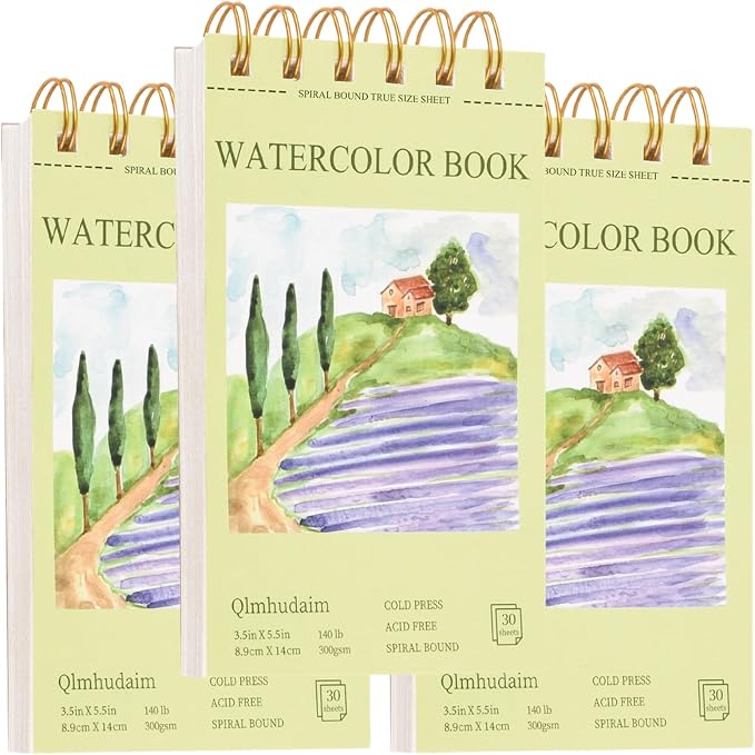 Qlmhudaim 3-Packs 3.5x5.5 Inch Spiral Watercolor Paper Pad 30 Sheets | 140lb No-Bleed Tear Resistant Paper, Tearable Pages for Watercolor & Ink, Compact Travel Sketchbook for Adults & Beginners