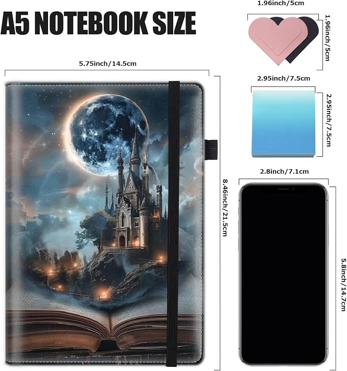 Hardcover Executive Notebooks, A5 PU Leather Lined Journal Notebook, 200 Pages Thick Paper Subject Notebooks for School,Work,Home Writing Business Notebook, Diary Book ，Castle