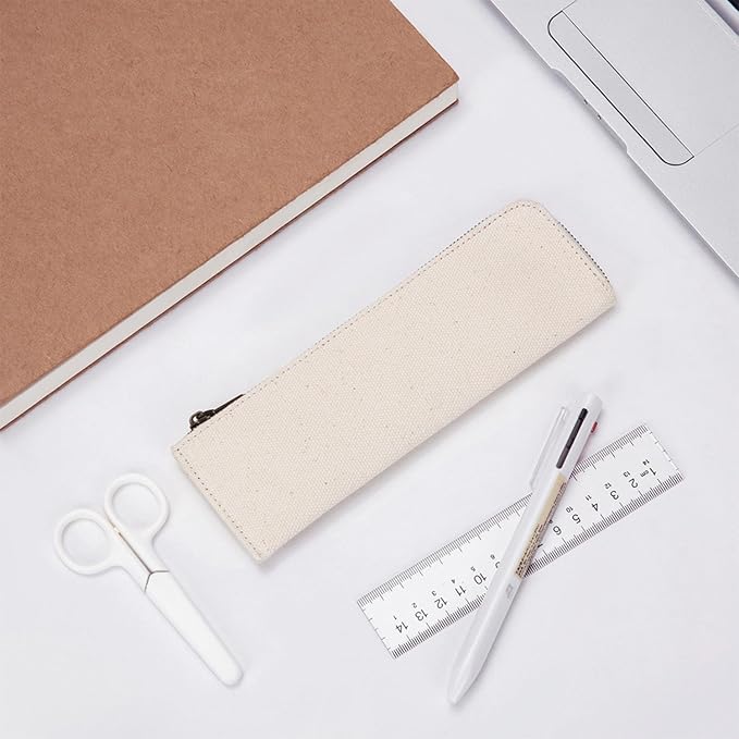 Canvas Pencil Case Slim Pencil Pouch Durable Zipper Stationery Bag Small Travel Use （Beige/Canvas）