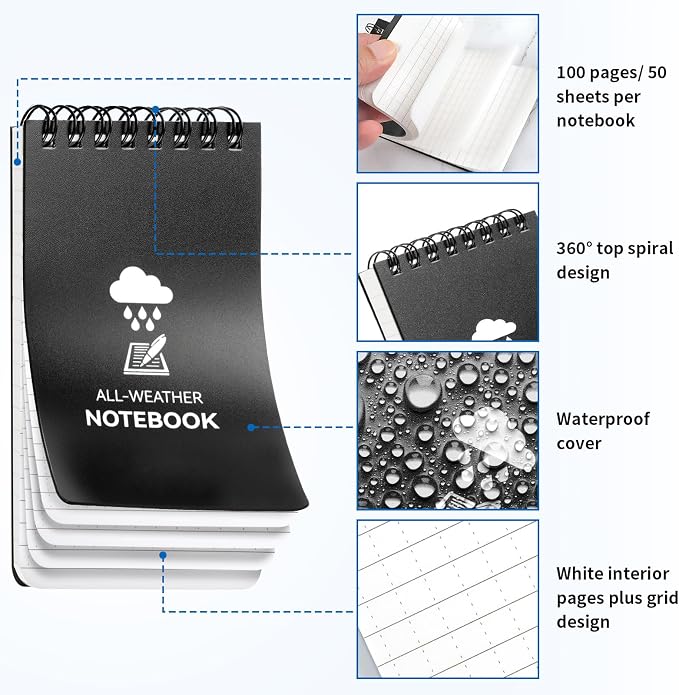 COIDEA 3 Pack Waterproof Notebook, 3 x 5 Pocket Notepad, All Weather Small Pocket Notebook Paper, Mini Spiral Notepad Police Notepad 100 Lined Pages for Outdoor Office