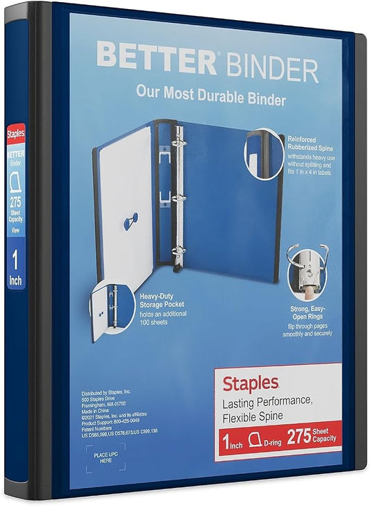 Staples Better View 1-Inch D-Ring Binder, Blue – Durable 3-Ring Binder with Clear Overlay for School & Office