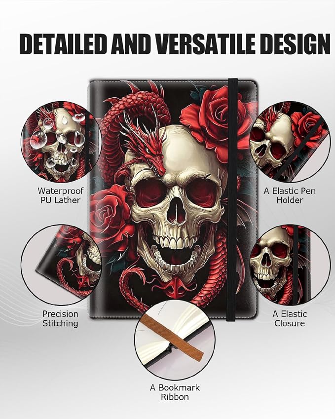 Hardcover Executive Notebooks, A5 PU Leather Lined Journal Notebook, 200 Pages Thick Paper Subject Notebooks for School,Work,Home Writing Business Notebook, Diary Book, Red Dragon and Skull Flowers