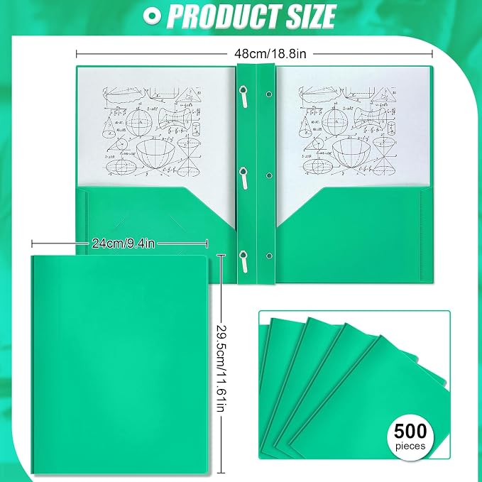 Yeaqee 500 Pcs Plastic 2 Pocket Folders with Prongs Bulk for Back to School, 3 Prong File Folders Fit Letter Size Paper, for School Office Homework Paperwork Organization Supplies (Green)