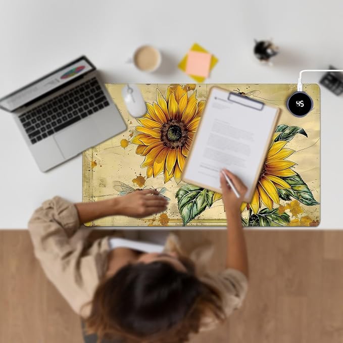 Heated Desk Pad Large Mouse Pad 23.6 x 14.1 inch with 3 Levels Heating & Auto Shut-Off Warm Mouse pad PU Leather Computer Mousepad for Home Office Work - Cute Bee Sunflower