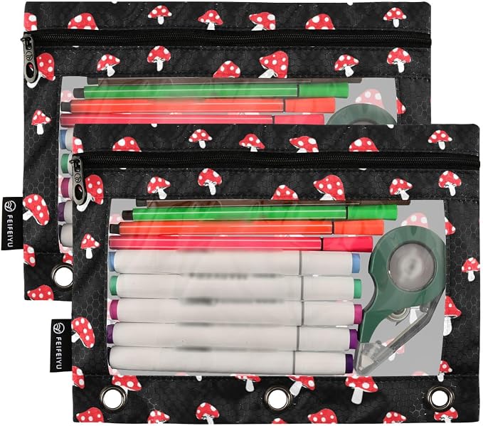 ALAZA Pencil Pouch for 3 Ring Binder, Cartoon Forest Red Mushrooms Binder Pencil Pouches with Clear Window Zipper Pencil Case Cosmetic Bags for Office College Supplies, 2PCS