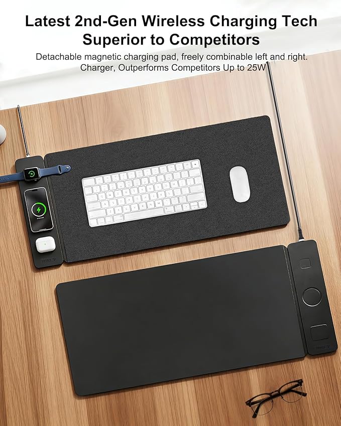 Wireless Charging Mouse Pad with 2nd Gen Tech, 3-in-1 25W Fast Charger, Replaceable Rubber & Microfiber Leather Desk Mat, Large Waterproof Desk Pad for Office & Gaming