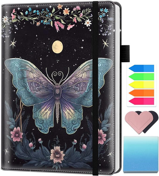A5 Leather Lined Journal Notebook, 200 Pages Hardcover Executive Notebook for Men Women Office School Note Taking, Thick Writing Paper Daily Journal with Bookmarks/Indexes, Moth Moon
