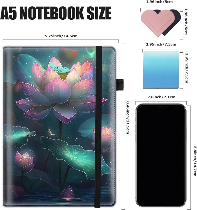 Hardcover Executive Notebooks, A5 PU Leather Lined Journal Notebook, 200 Pages Thick Paper Subject Notebooks for School,Work,Home Writing Business Notebook, Diary Book, Tranquil Lotus Pond