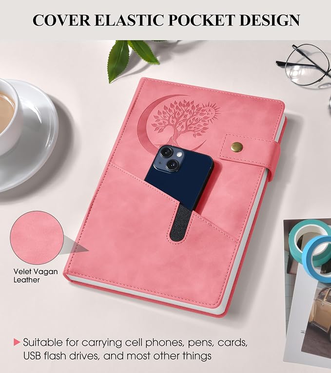 PAIBAS A5 Journal Notebook College Ruled 366 Page Leather Journal for Women | Medium notebook A5 journal with 100gsm lined notebook paper, 3 ribbon bookmarks, cover pocket & brass snap button 5.9"x8.4"