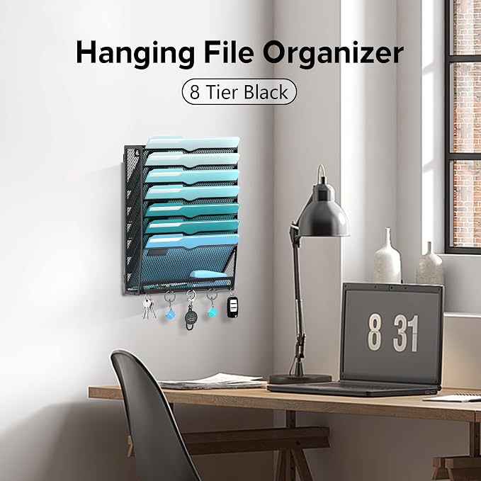 8-Tier Hanging Wall File Organizer with 5 Hooks, Mesh Wall File Holder Vertical Mount Mail Organizer for Papers, Folders, Magazines, Bills, Office and School, Black