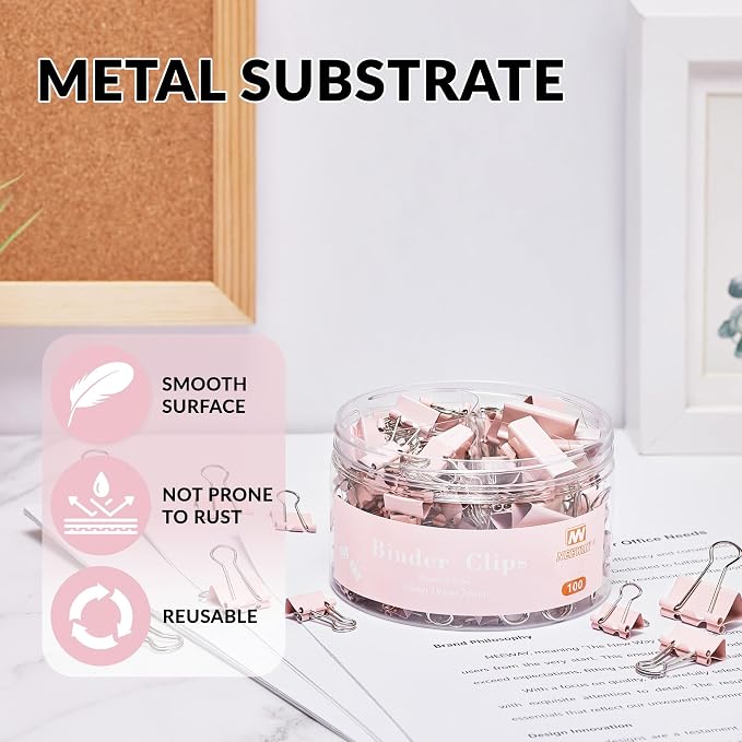 NEEWAY 100 Count Binder Clips Assorted Sizes, Paper Binder Clips (0.6inch 0.75inch 1inch), Metal Paper Clamps for Office and Home (Pink)