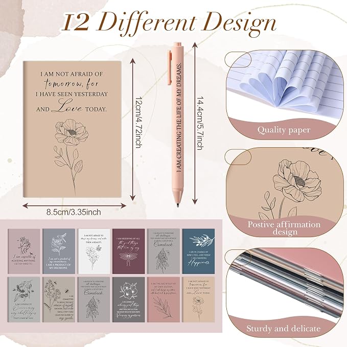 Mooliwe 24 Pcs Positive Affirmation Gift Set Gratitude Notebooks with Pens Small Bags Motivational Encouragement Notepads Daily Affirmations Journal for Women Stress Relief Self Care (Minimalist)