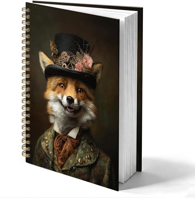 HOXUNQINA Vintage Renaissance Gentleman Fox Journal Notebook 5.5x8.3 | Fox Lover Gifts Journal for Women Men, Whimsical Animal Portrait Aesthetic Notebooks for Work