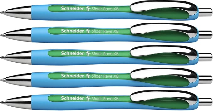 Schneider Slider Rave XB (Extra Broad) Ballpoint Pen, Refillable + Retractable, 1.4 mm, Light Blue Barrel, Green Ink, Box of 5 Pens (132504)