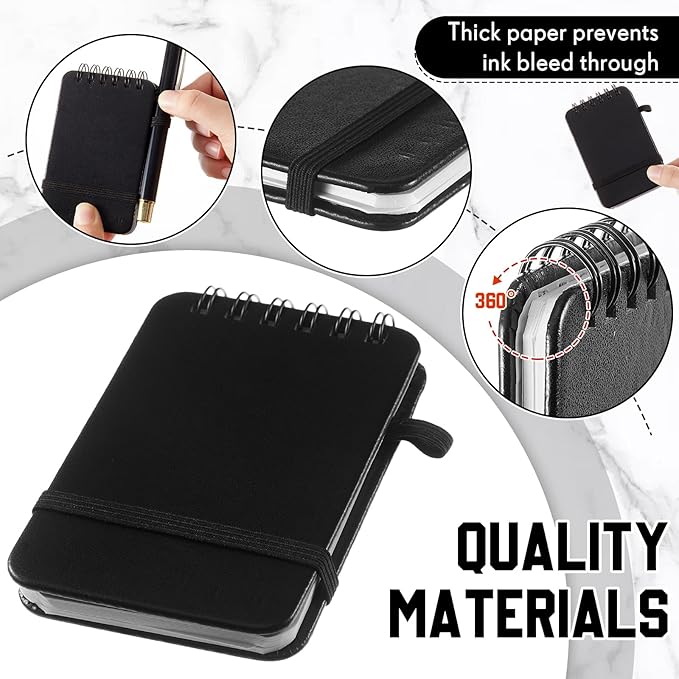 Qeeenar 4 Pack Small Pocket Notebook 2.5 x 4 Inch, Black Leather Hardcover Top Spiral Mini Notepad with Elastic Band,50 Sheets Tiny Memo Pad for Office Car Travel Work Quick Writing