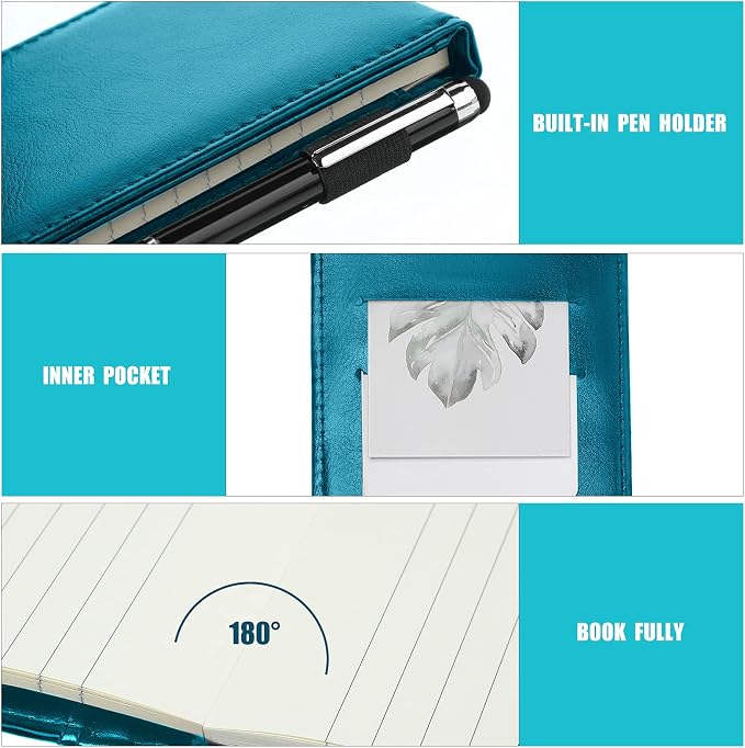 Outus 10 Pcs Mini Pocket Notepad Holder Set Included Small Leather Pocket Notebook Holder with 50 Lined Sheets, Metal Pen, 8 Pcs 3 x 5 Inch Memo Book Refills, 30 Lined Paper Per Note Pad (Sky Blue)