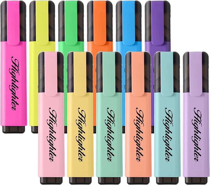 12 Assorted Highlighters, Quick-Dry Chisel Tip Marker Pens | 6 Bright & 6 Soft Pastel Colors | Water-Based for Notes, Journals & Office