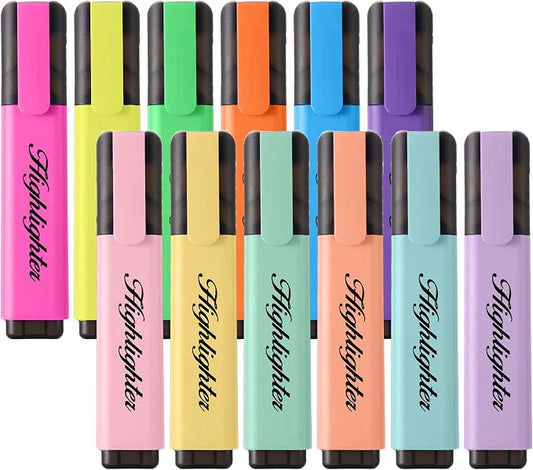12 Assorted Highlighters, Quick-Dry Chisel Tip Marker Pens | 6 Bright & 6 Soft Pastel Colors | Water-Based for Notes, Journals & Office