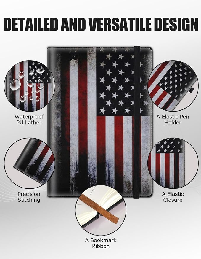 Hardcover Executive Notebooks, A5 PU Leather Lined Journal Notebook, 200 Pages Thick Paper Subject Notebooks for School,Work,Home Writing Business Notebook, Diary Book ，Vintage USA Flag