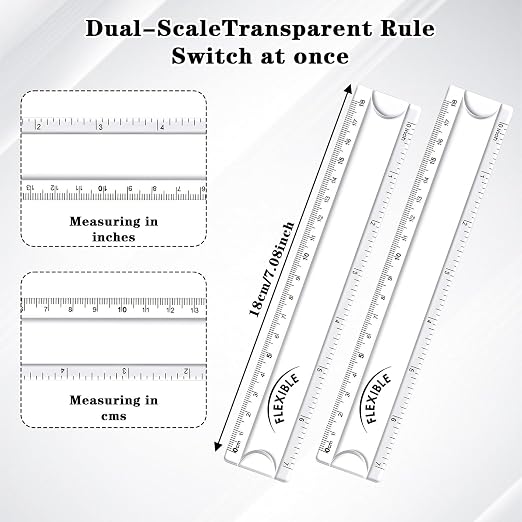 Grevosea 2 PCS Flexible Rulers, 7 Inch/18cm Clear Plastic Ruler | Soft Bendable Ruler with Centimeters and Inches for Kids and Adults School Classroom Office Supplies