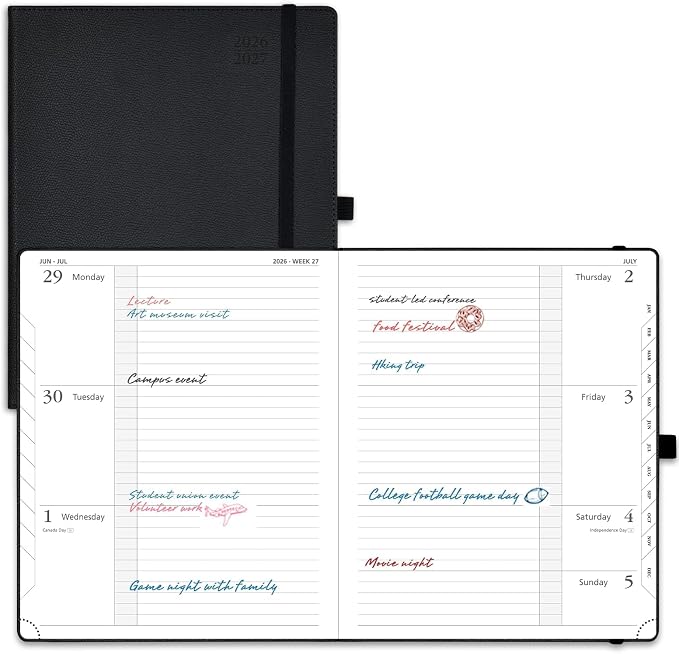 POPRUN Planner 2026-2027 (Large 8.5"x10.5"), Academic Year Weekly Planner | Calendar Book Jul.2026 - Jun.2027, Appointment Book with Monthly Tabs, Leather Hardcover, Inner Pocket, 100GSM - Black