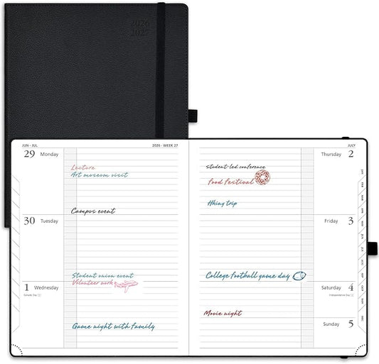 POPRUN Planner 2026-2027 (Large 8.5"x10.5"), Academic Year Weekly Planner | Calendar Book Jul.2026 - Jun.2027, Appointment Book with Monthly Tabs, Leather Hardcover, Inner Pocket, 100GSM - Black