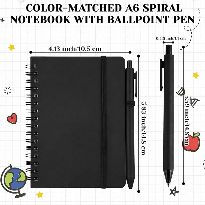 Fulmoon 10 Set Small Spiral Notebooks A6 with Pens Bulk, Multicolor 4" x 6" Pocket Notebooks Mini Lined Journals 50 Sheets for Back to School Supplies Students Rewards Office Gifts (Classic Black)