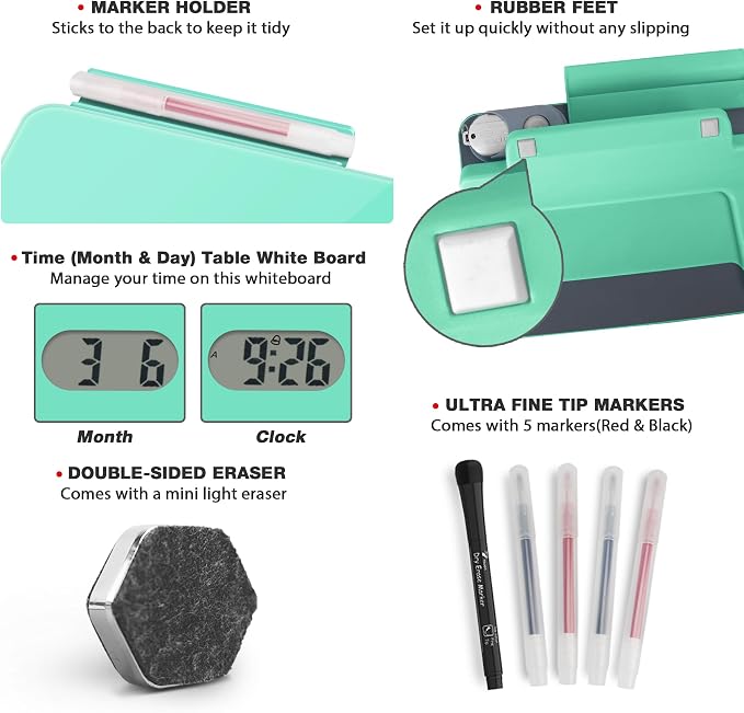 Small Glass Desk Whiteboard Dry-Erase Board with Clock, Small Travel Clock Keychain with Desk Notepad, Time Table Whiteboard for Desk Digital LED Light Display, 8x6 in with Accessories, Turquoise