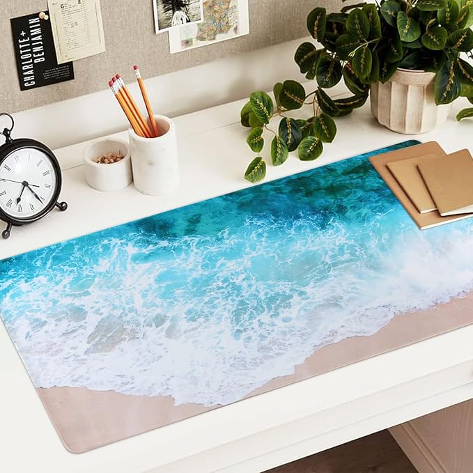 iCasso Extended Gaming Mouse Pad (35.4x15.7 in), Large Non-Slip Rubber Base Mousepad with Stitched Edges, Waterproof Keyboard Mouse Mat Desk Pad for Work, Game, Office, Home - Beach