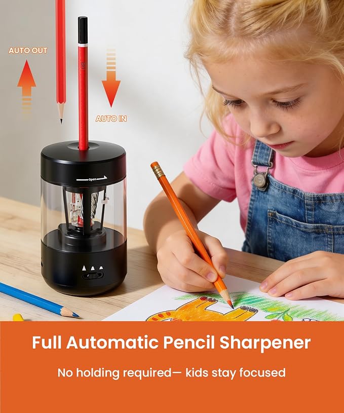 Electric Pencil Sharpener for Classroom, Fully Automatic Pencil Sharpener for 6-8mm Pencils & Colored Pencils, Auto in & Out, Type-C Rechargeable Pencil Sharpeners for Home, School, Black