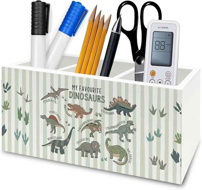 Dinosaur Pen Pencil Holder Organizer for Desk, Dino Type Educational Neutral Striped Wooden Box Signs Decorations for Kids Boy Nursery Room Classroom Desk Tabletop, Dinosaur Gifts for Kids