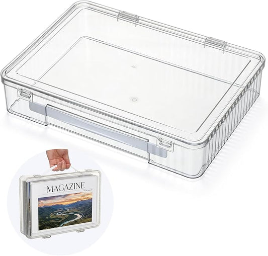 Magazine Protector, Paper Storage Box with Handle, 8.7x12.8x2.6 inch | Crystal Clear Magazine Case, Plastic File Storage Box for 8.5x11 Letter A4 Document Photo Comic Book Scrapbook Board Game