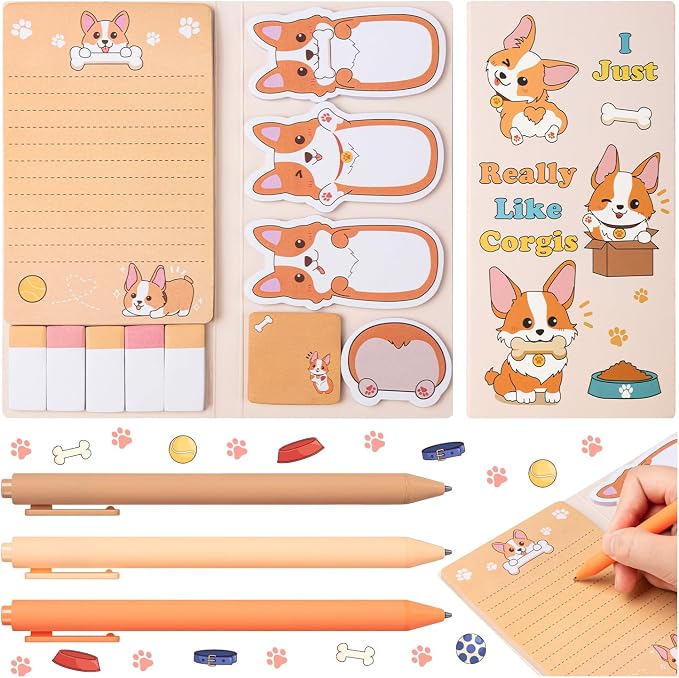 Corgis Sticky Notes Corgi Gifts for Corgi Lovers, Cute Cartoon Dog Post It Notes with 3 Point Pens, Self-Adhesive Writing Memo Pages Back to School Office Supplies